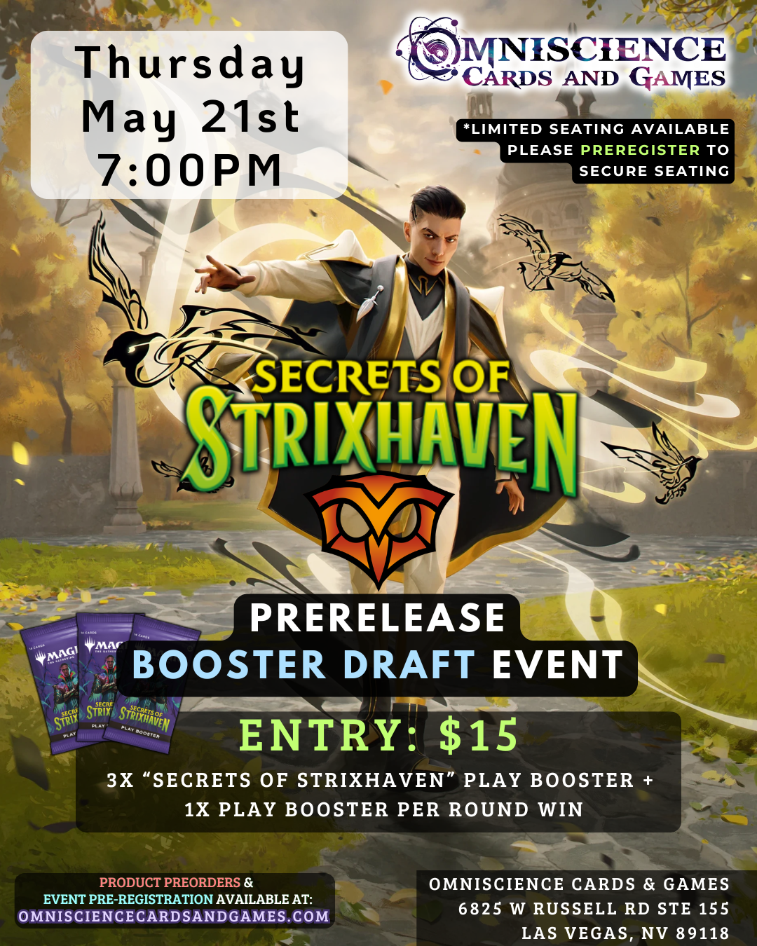 [PREREGISTRATION] Secrets of Strixhaven Booster Draft Event Entry May 21st Thursday 7PM